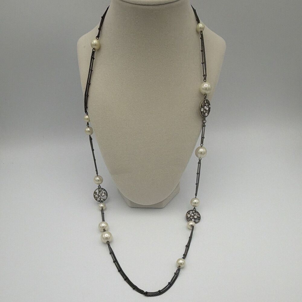 Bronze Tone Chain Station Necklace Simulated Ivory Pearls Rhinestone Lobster 34”